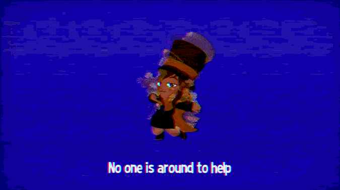 A Hat in Time protagonist Hat Kid dancing smugly. Under her the text says 'no one is around to help'. There is a VHS filter.